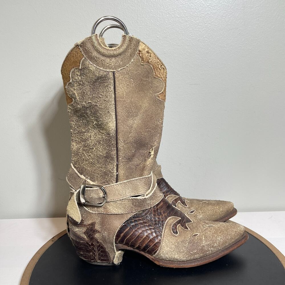Pecos Bill Boots Women 6.5 Distressed Western Python Inlay‎ Harness Exotic Rodeo